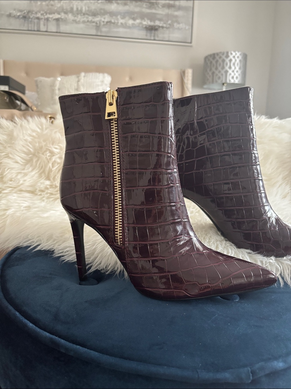 Croc-Embossed Pointed Toe Ankle Boot in Deep Burgundy